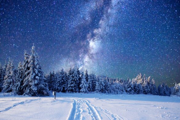 Winter wallpaper with galaxy scene