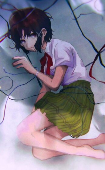 Download Lain wallpaper with the posture lying on the steps for phone 736x1191