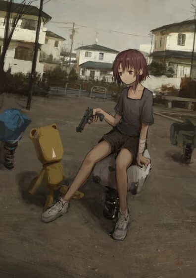 Lain wallpaper in a gun pose 811x1148