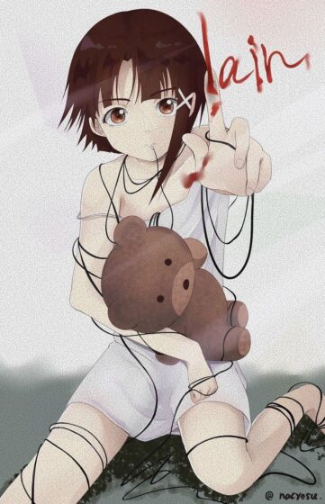 Lain wallpaper with girl holding a bear 735x1140