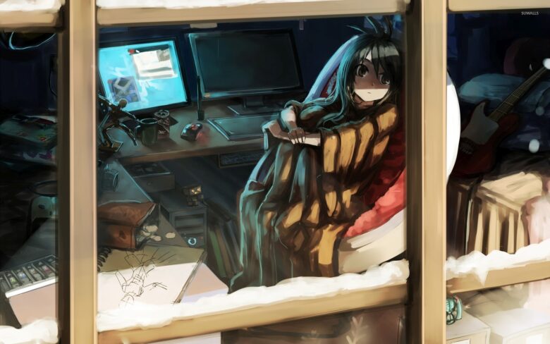 Lain Wallpaper with the girl sitting by the window frame 1920x1200