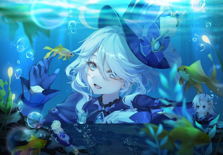 furina wallpaper with small fish 4096x2845