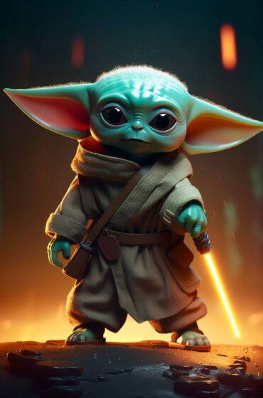 baby yoda wallpaper with light saber pose 736x1115