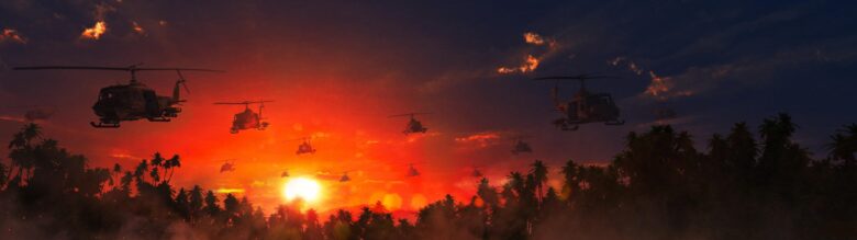 5120x1440 wallpaper recreates a helicopter scene silhouetted against sunset