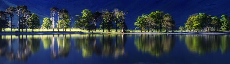 5120x1440 wallpaper shows a forest by a lake