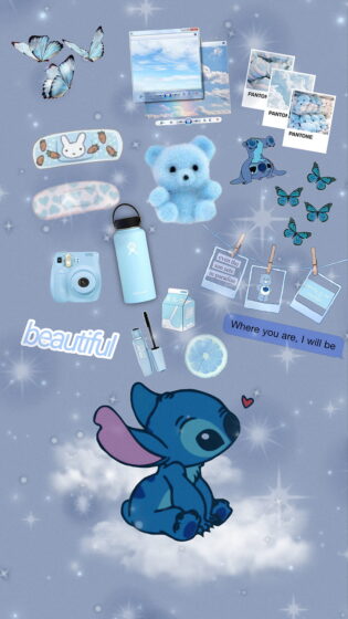 blue stitch wallpaper aesthetic with many cute items 850x1512