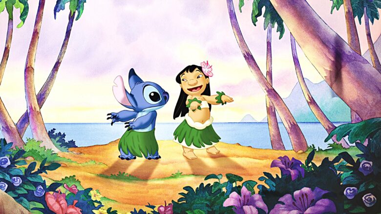 cute adorable stitch wallpaper with Lio dancing 3500x1969