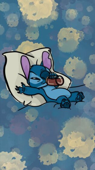 cute adorable stitch wallpaper with lying position and drinking water 750x1333