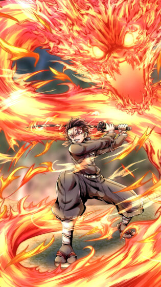demon slayer wallpaper phone with Tanjiro and the fire dragon 2160x3840
