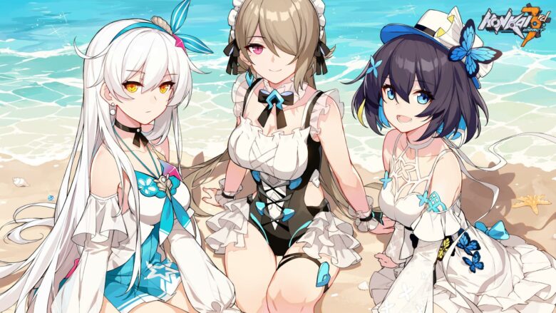 honkai star rail wallpaper with 3 girls at the beach 2560x1440