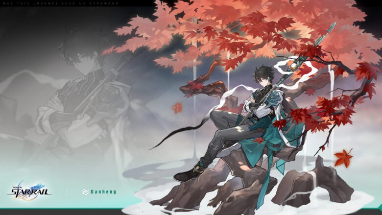 male honkai star rail wallpaper dessktop holding sword leaning next to maple tree 1920x1080