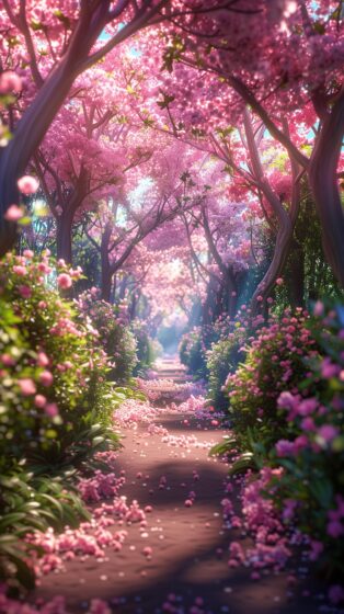 Spring iPhone wallpaper with peach blossom road 1632x2912