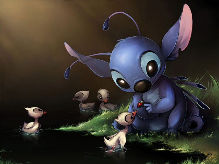 Stitch computer wallpaper with scene of Stitch playing with birds 1920x1440