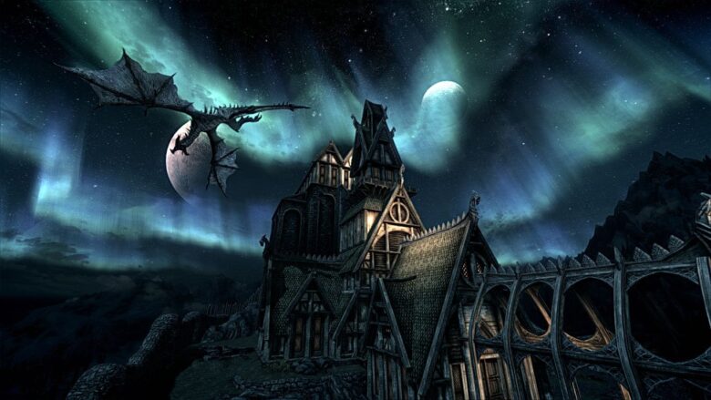 1366x768 the elder scrolls v skyrim wallpaper with dragon and castle