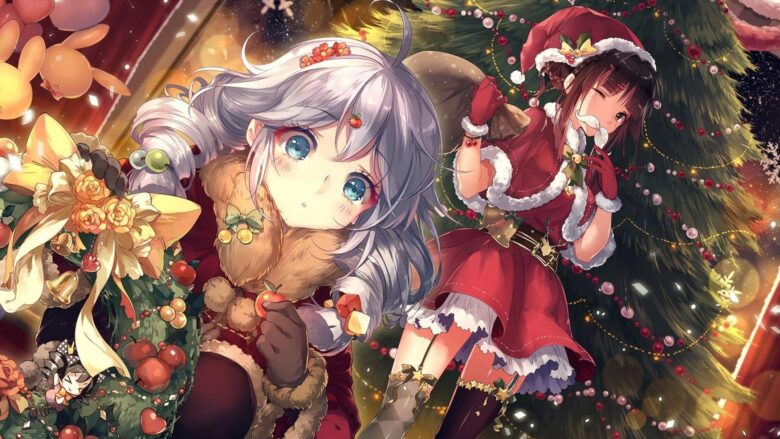 Christmas anime girl wallpaper cosplaying as Santa Claus delivering gifts 1920x1080