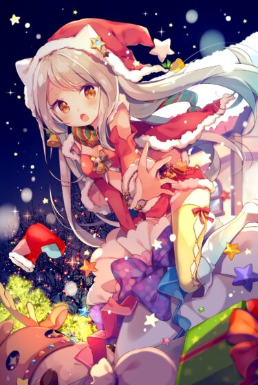 Christmas anime girl wallpaper sitting on gift bag 1507x2250