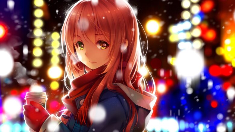 christmas anime girl wallpaper with bright city lights background 1920x1080