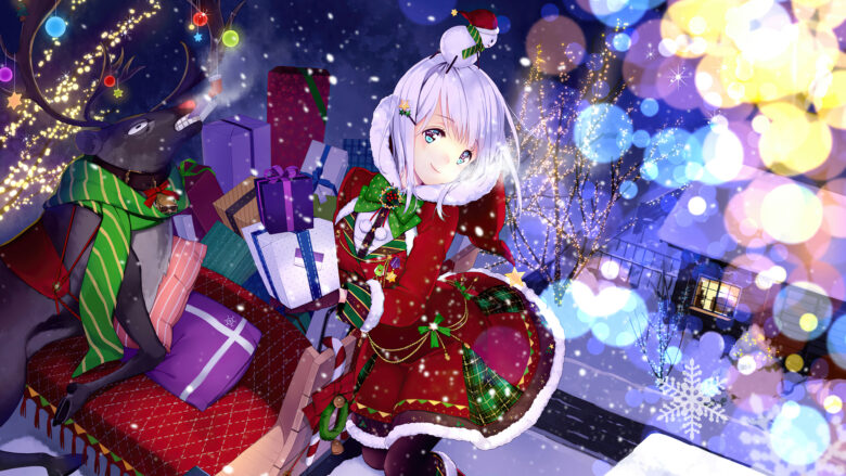 christmas anime girl wallpaper with white hair 3840x2160
