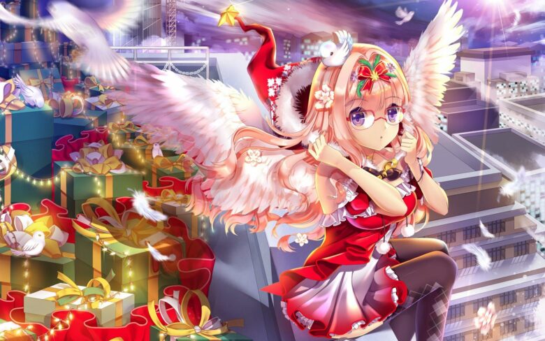christmas anime girl wallpaper with wings on her back 1920x1200