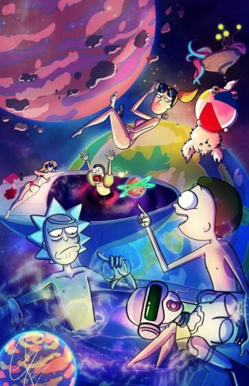 Rick and Morty drip wallpaper with space theme 736x1137