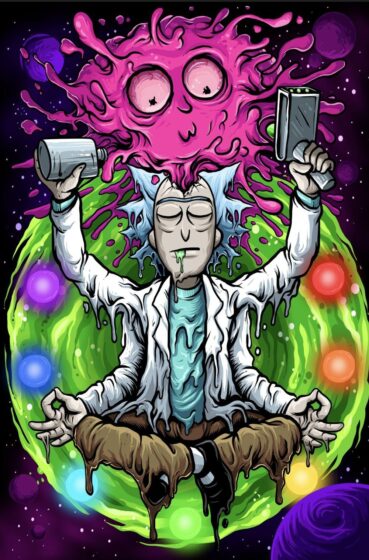 Rick and Morty weed wallpaper with meditation pose 1000x1519